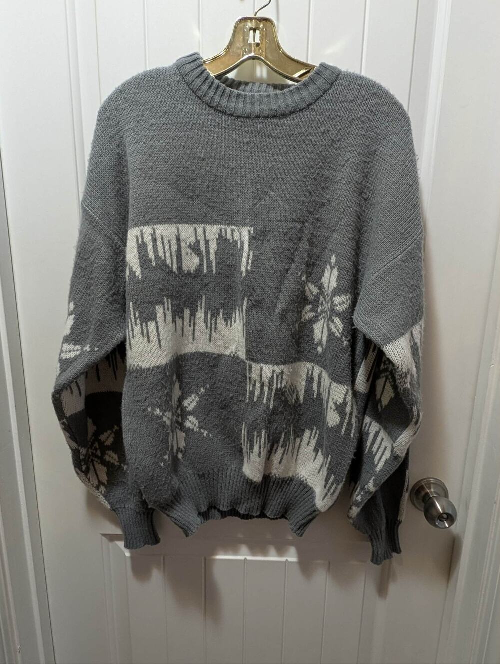 90s Spettro Knit Christmas Sweater Pullover Gray White Snowflake Pattern Sz M